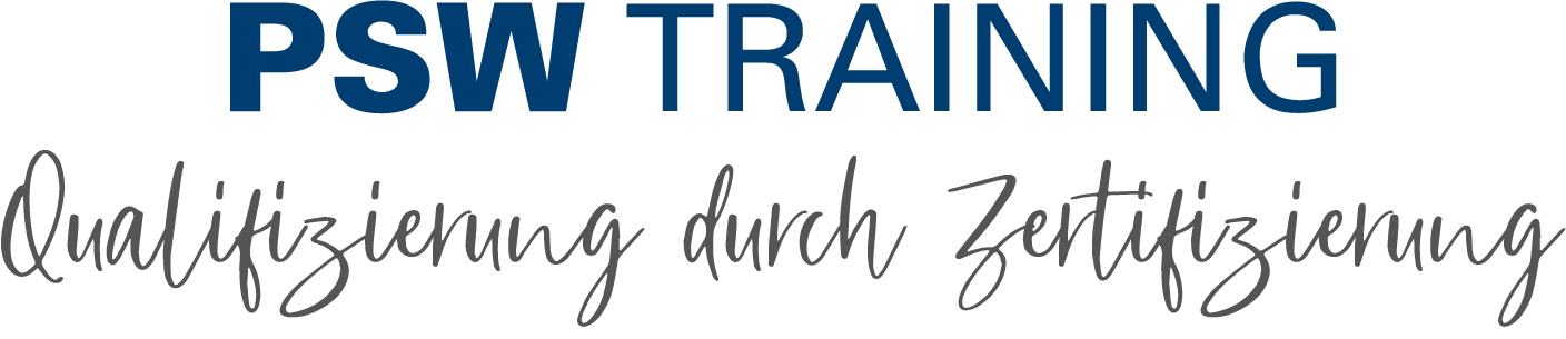 Logo der PSW TRAININGmit Slogan "Qualifizierung durch Zertifizierung"