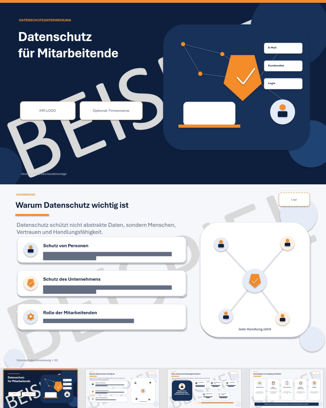 Vorschau einer Präsentation zur Datenschutzunterweisung für Mitarbeitende mit Titelfolie und Folie zur Bedeutung des Datenschutzes