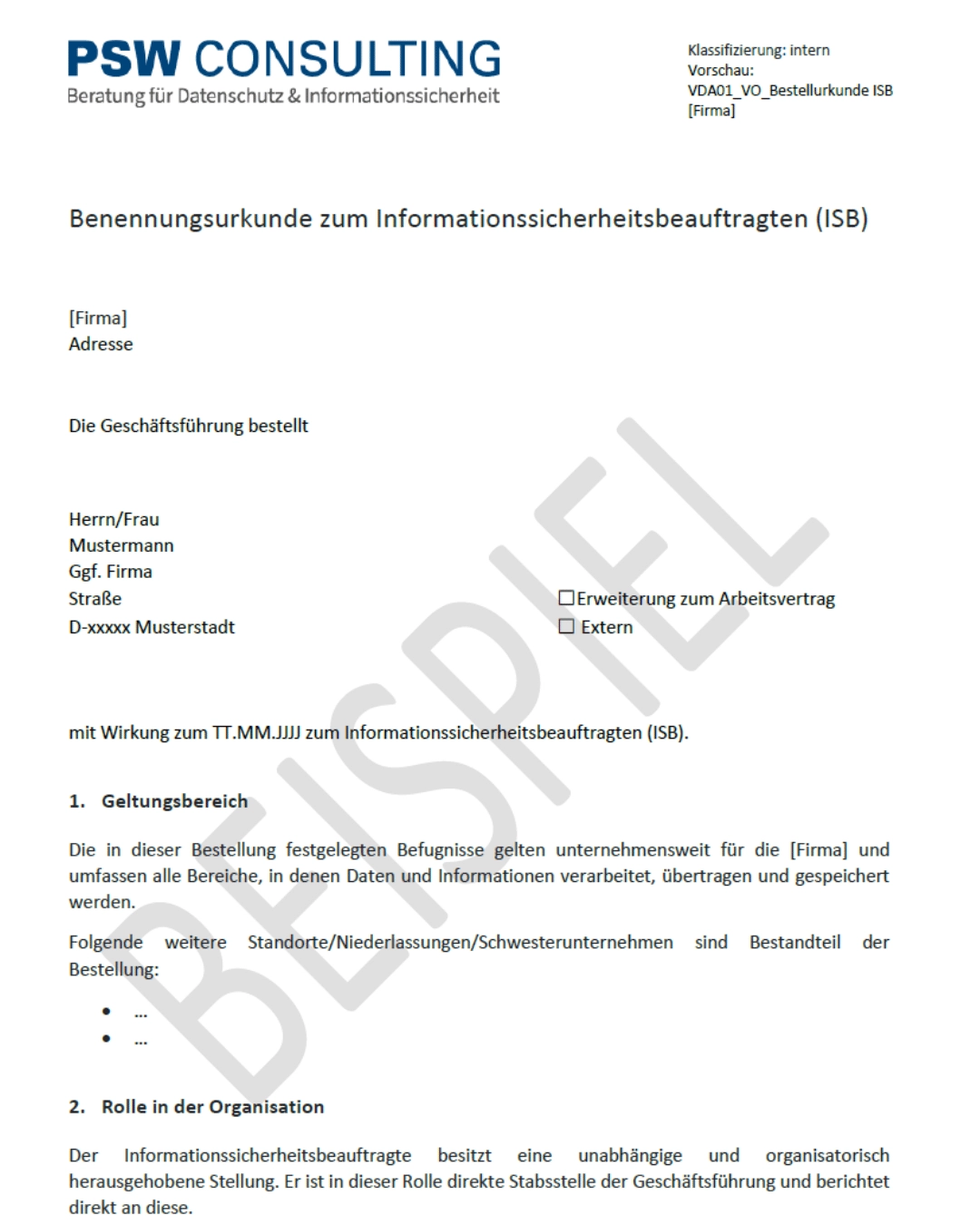 Vorlage einer Benennungsurkunde zum Informationssicherheitsbeauftragten mit Platzhaltern für Firma, Person, Datum und Geltungsbereich