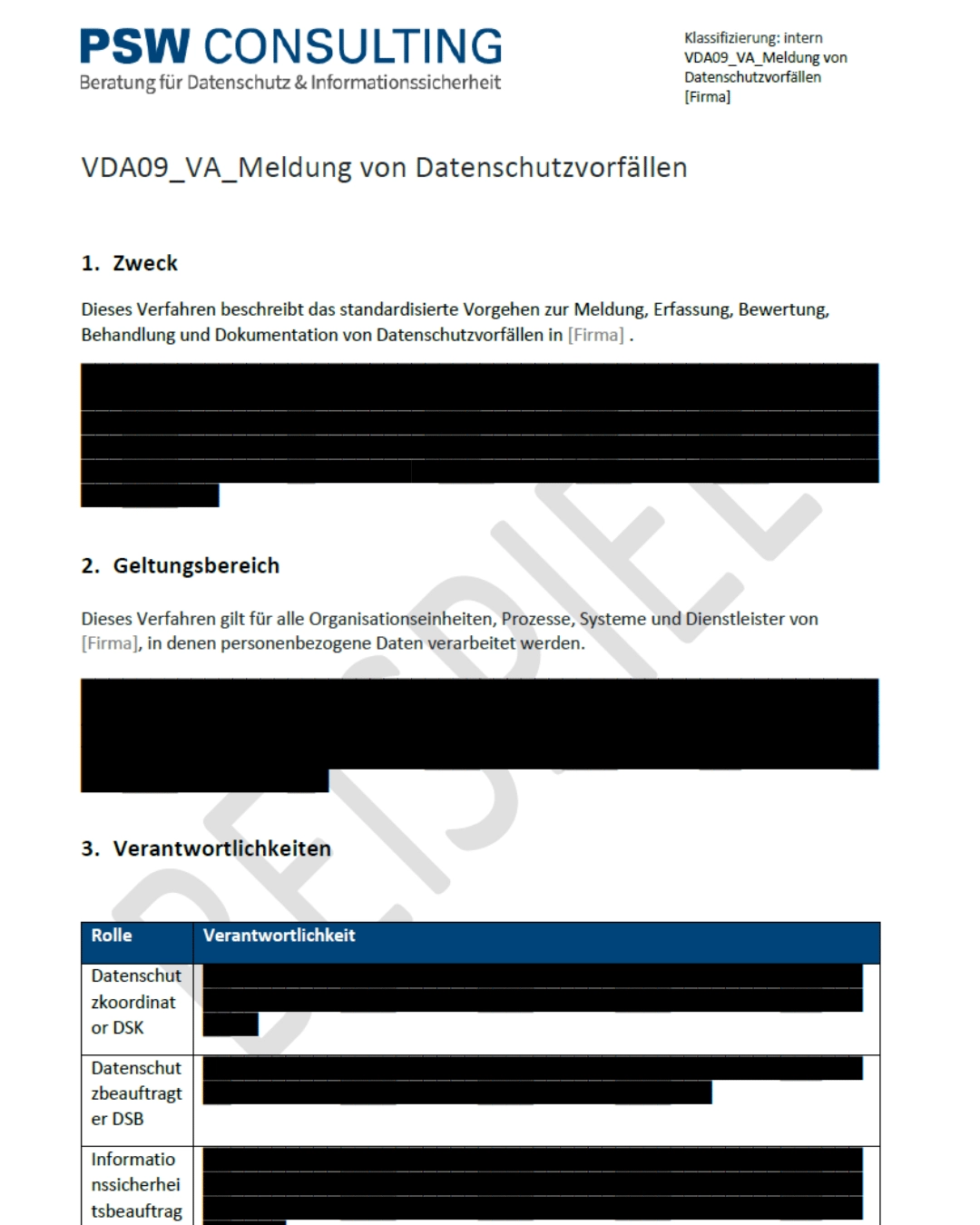 Dokumentvorschau eines Verfahrens zur Meldung von Datenschutzvorfällen mit Abschnitten zu Zweck, Geltungsbereich und Verantwortlichkeiten; mehrere Inhalte sind geschwärzt.