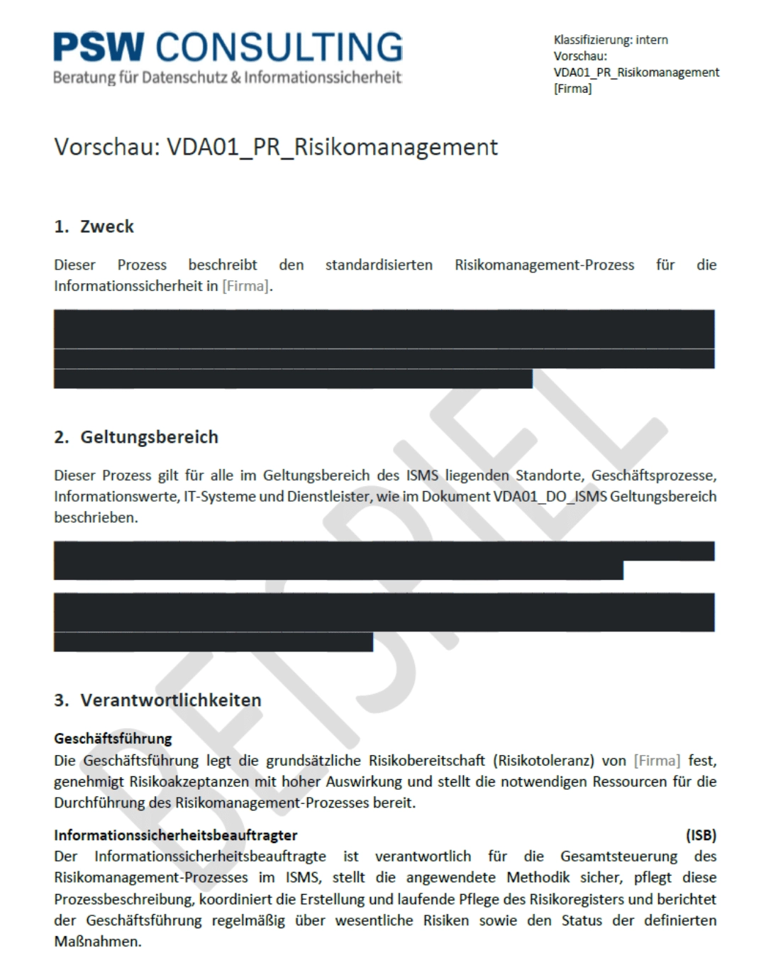 Dokumentvorschau einer Prozessbeschreibung zum Risikomanagement mit Abschnitten zu Zweck, Geltungsbereich und Verantwortlichkeiten; mehrere Textpassagen sind geschwärzt.